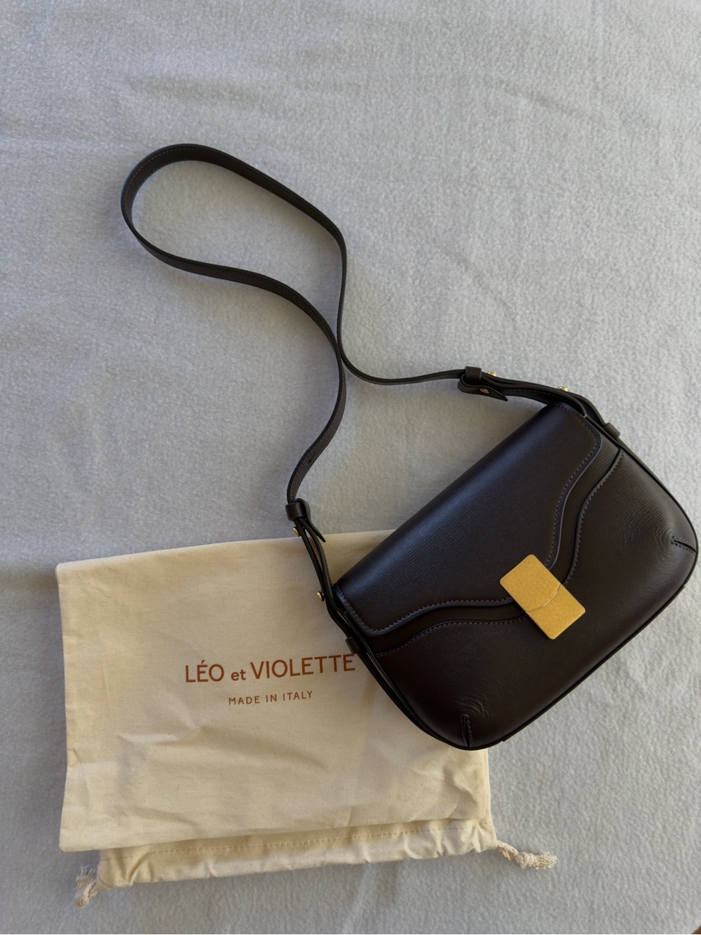 LÉO et VIOLETTE Dark Brown Leather Crossbody Bag with Gold Accent
